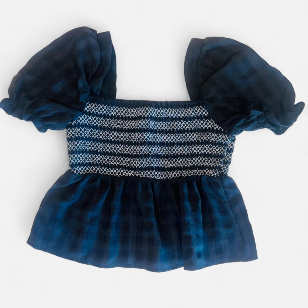 Dizzy Lizzy Navy Gingham Smocked Puff Sleeve Peplum Top Womens Small Cottagecore - Picture 2 of 3